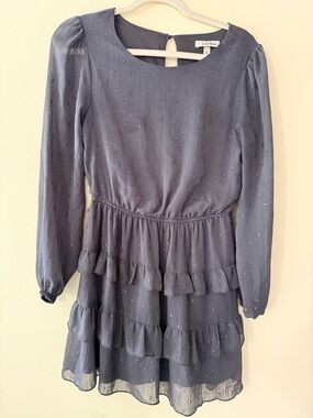 Speechless Slate Grey Ruffle Tiered Long-Sleeve Dress, Sheer Sleeves, size M